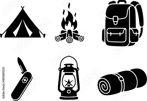 Camping equipment icons displayed against a plain white background