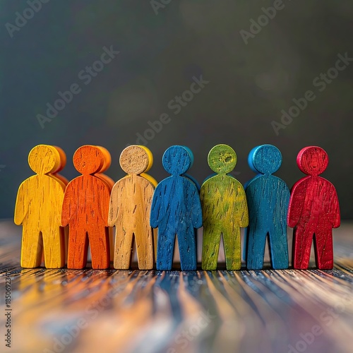 Row of colorful wooden figures.  Diverse group of painted figurines standing in a line against a dark background