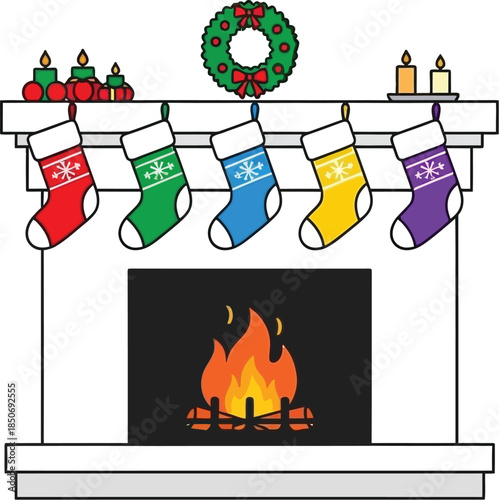 Christmas fireplace with a crackling fire, stockings hanging, wreath, and candles, festive illustration