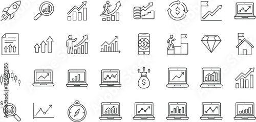 Business growth line icon set showing finance analytics charts startup progress investment strategy marketing success vector illustration