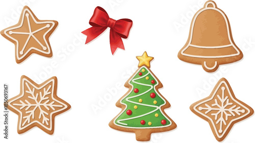 Collection of festive Christmas gingerbread cookies and a red ribbon bow, decorated with icing and sprinkles. Sweet holiday treats.