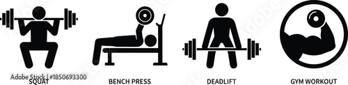 WebGym workout icons set, showing squat bench press deadlift strength training exercises isolated vector illustration for fitness education branding design
