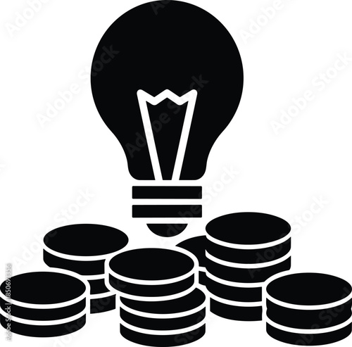 Light bulb above stacked coins icon symbolizing profitable business ideas innovation investment creativity financial growth success vector illustration