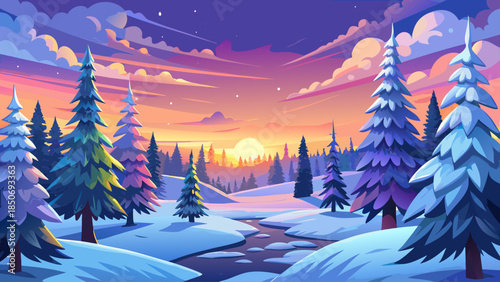 Winter landscape wallpaper featuring a pine forest blanketed in fresh snow beneath a colorful sunset sky, with snowy fir trees creating a beautiful Christmas and New Year greeting card background