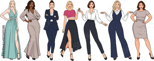 Seven diverse fashion models in stylish outfits