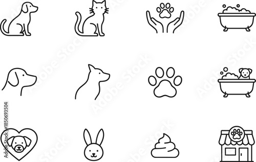 Minimal pet care line icons set featuring dogs cats rabbits grooming bathing adoption veterinary love symbols vector illustration collection design
