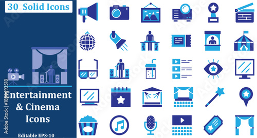 entertainment and cinema icons set with movie theatre stage production and event equipment elements. fully editable eps 10 format.