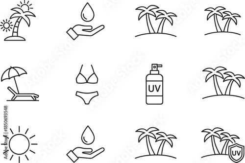 Minimal summer beach line icons set featuring tropical vacation sunscreen UV protection palm trees relaxation travel symbols vector illustration collection