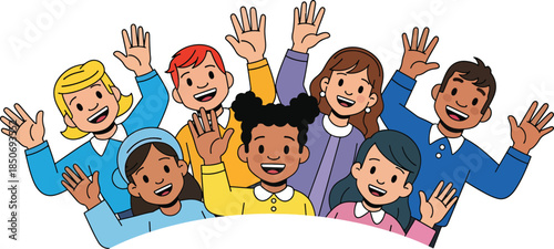 Diverse group of happy children waving with enthusiasm and excitement