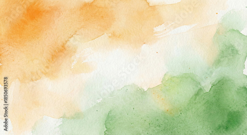 Abstract orange and green watercolor wash on white paper background, conceptual artistic representation of Indian national tricolor for patriotic design.