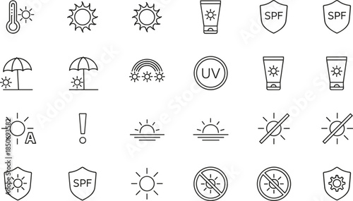 Minimal sun protection and SPF line icons set featuring UV safety sunscreen summer weather skincare symbols vector illustration