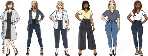 Fashion illustration of six diverse women in stylish outfits with varying poses