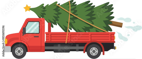 Red pickup truck carrying a large Christmas tree on its flatbed, ready for holiday celebrations.