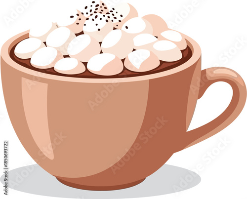 Steaming mug of hot chocolate topped with marshmallows and sprinkles, perfect for a cold winter day.
