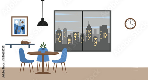 Modern dining room interior illustration with city skyline window table chairs pendant lamp wall art clock cozy apartment design