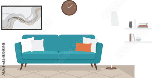 Modern living room interior illustration with sofa wall art clock shelves lamp books minimalist cozy home design