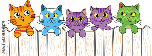 Cute colorful cartoon kittens with different patterns peeking over a wooden fence for pet care and nursery decor