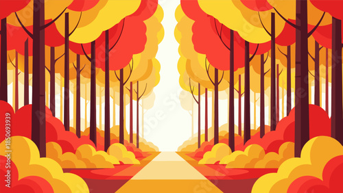Vibrant Autumn Forest Path Leading to a Bright Light, a Serene Vector Illustration of Nature's Colorful Seasonal Beauty