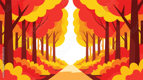 Stylized vector illustration of a tranquil autumn forest path with vibrant trees and colorful foliage, depicting a serene seasonal landscape