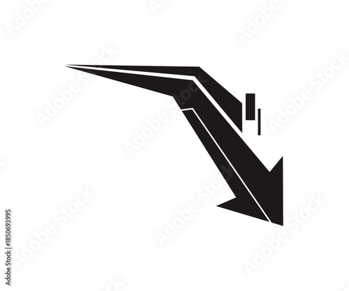 Angular Black 3D Effect Arrow Pointing Down with Depth Illusion on Isolated White Background
