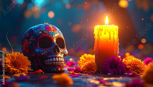 Vivid illustration of a decorated skull and candle. Colorful flowers surround