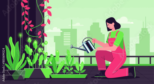 A serene illustration of a woman tending to her urban rooftop garden with skyscrapers offering an