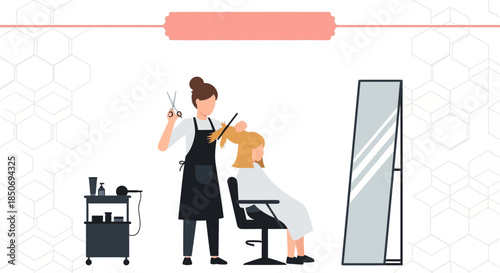 A serene beauty salon scene featuring a hairdresser attending to a client with gentle care and