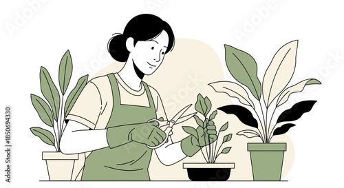 A woman in an apron is pruning plants at home illustrating sustainable living practices