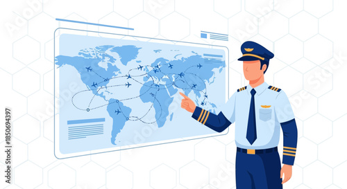 Aviation professional presenting a world map with flight paths in a modern setting