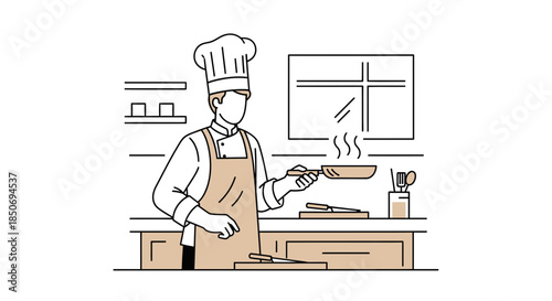 Chef preparing food in a kitchen with a frying pan minimal illustration