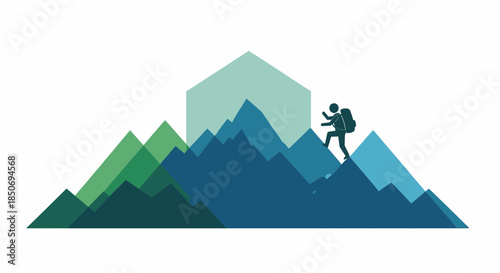 Conceptual illustration of a climber ascending mountain peaks with determination