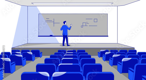 Conference room with a presenter giving a lecture on a stage, with empty seating for an audience,