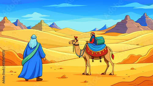 Man traveling with camel in desert landscape