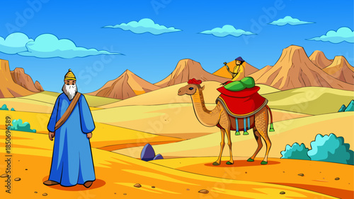 Wise man and camel in desert landscape