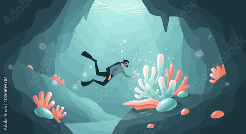 Diver explores underwater cave adorned with vibrant coral formations in crystal clear waters