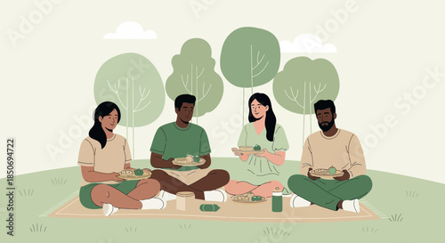 Diverse group of friends enjoys a delightful picnic in a serene park setting illustration