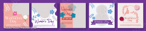 Womens Day 8 March Instagram Posts And Social Media Ads Banner Templates Square Flyer Poster Pack Web Banners Floral Vector Female Face Silhouette Set Collection