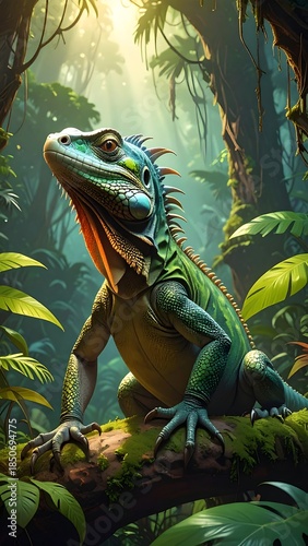 Vivid lizard perched on a branch, deep in a lush, green jungle scene