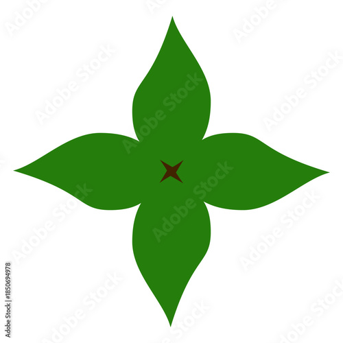 Green stylized four-petal flower or leaf symbol with a dark center on a white background
