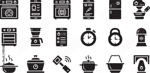 Kitchen appliances and gadgets icons for cooking and time management