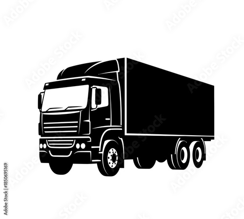 A sleek black and white silhouette depicts a large semi truck with a prominent trailer section