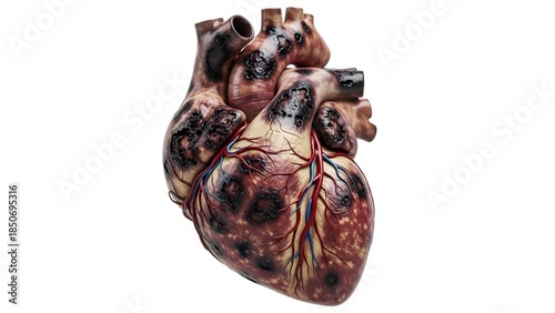 black spot heart disease of human heart with extensive black necrosis and damage 3D rendering medical illustration