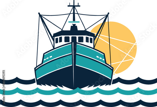 Modern turquoise fishing boat vector icon sailing on stylized waves with yellow sun background for commercial fishing