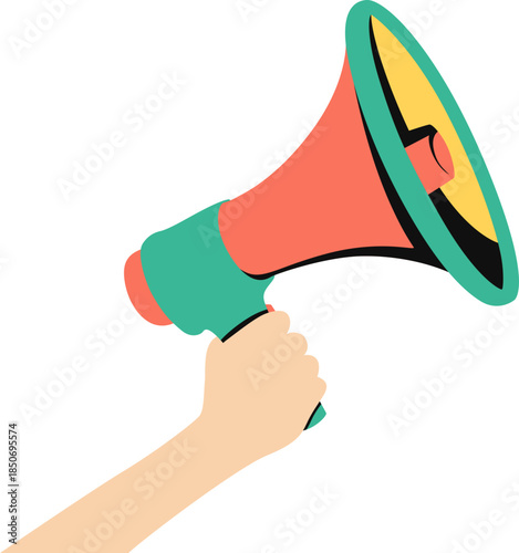 Hand holding a colorful megaphone