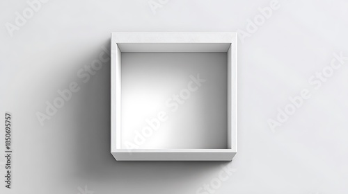 Minimalist white box mockup with clean lines, subtle shadow. Blank product packaging template ready for custom branding, design, print applications. Ideal for retail, e-commerce.