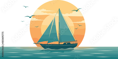 Serene sailboat sailing on calm ocean waters during orange sunset with flying seagulls minimalist nautical vector background illustration
