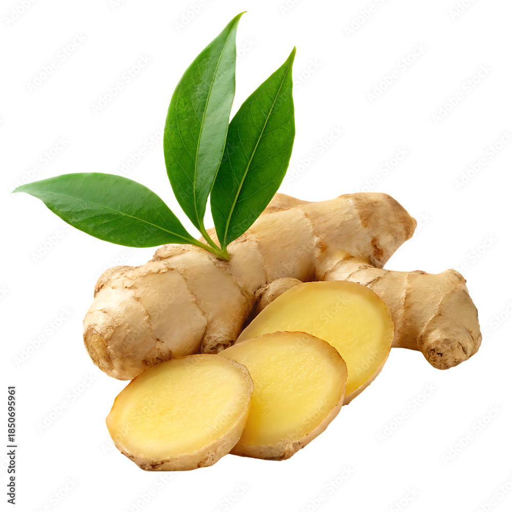 Fototapeta premium Fresh ginger root with slices and leaves