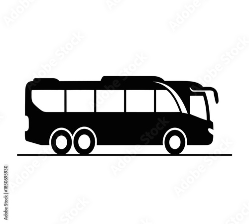 A simple black silhouette of a passenger coach or tour bus showcasing its side profile and basic form