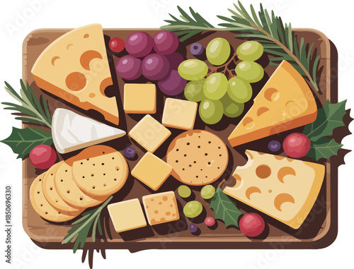 Christmas cheese board vector illustration with assorted cheese grapes crackers and festive greenery