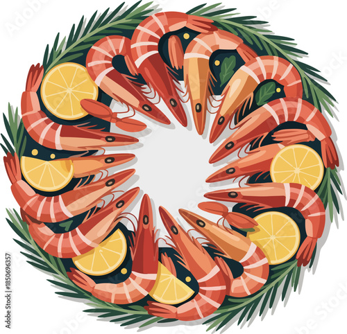 Grilled shrimp Christmas wreath vector illustration with lemon slices and rosemary garnish top view
